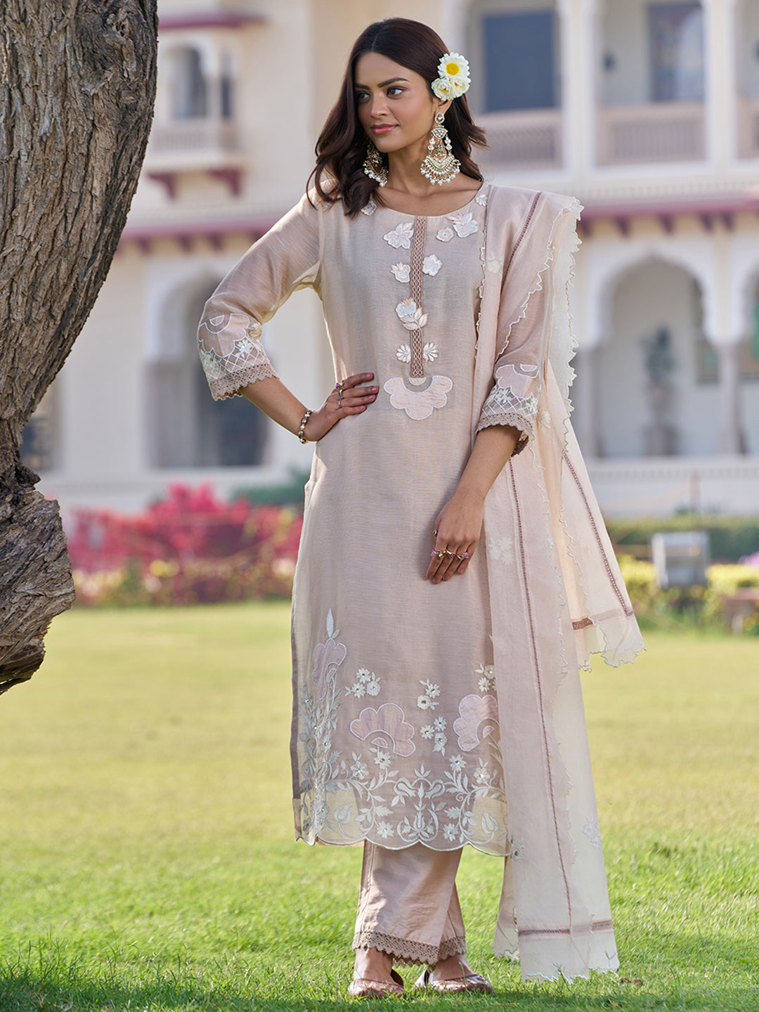 Beige Floral Embroidered Kurta Set with Dupatta