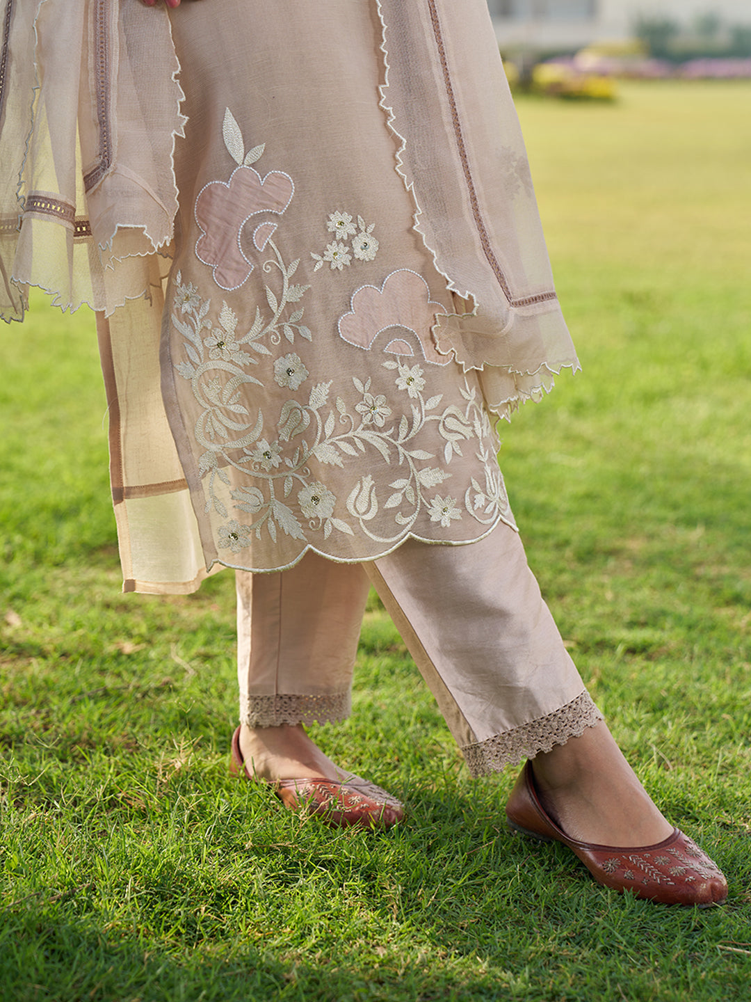 Beige Floral Embroidered Kurta Set with Dupatta