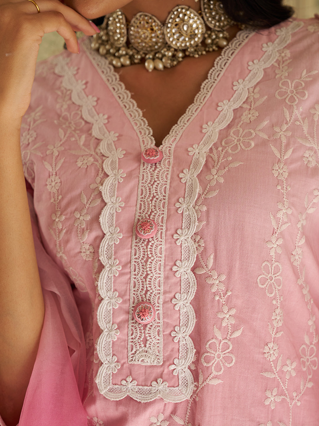 Pink Schiffli Embroidered Floral Ombre Kurta Set with Organza Dupatta