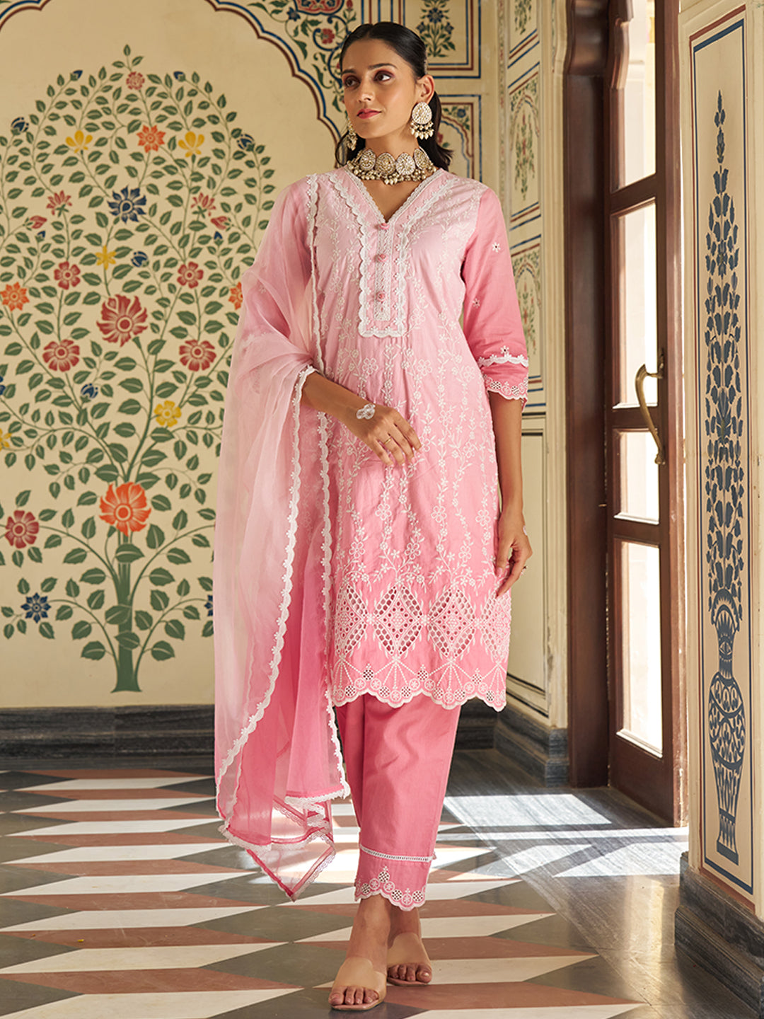 Pink Schiffli Embroidered Floral Ombre Kurta Set with Organza Dupatta