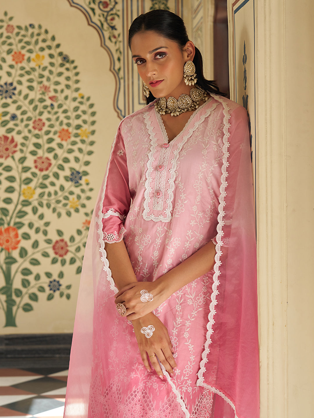 Pink Schiffli Embroidered Floral Ombre Kurta Set with Organza Dupatta