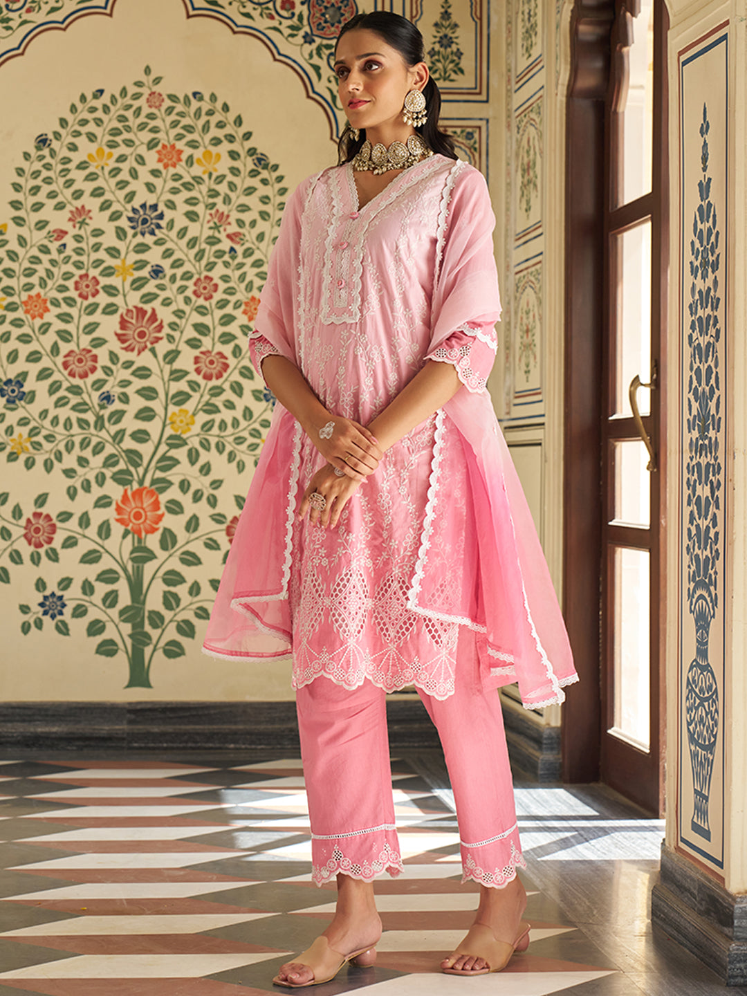 Pink Schiffli Embroidered Floral Ombre Kurta Set with Organza Dupatta