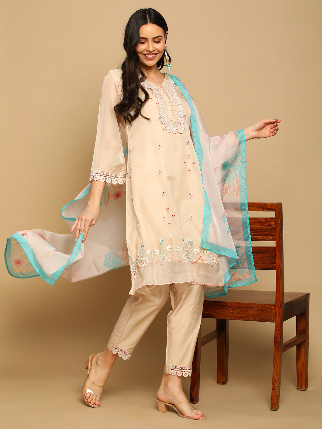 Beige Tissue Hand Work Kurta with Printed Dupatta