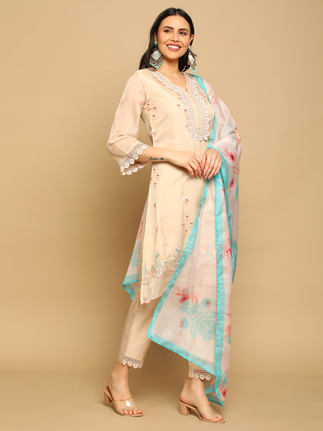Beige Tissue Hand Work Kurta with Printed Dupatta