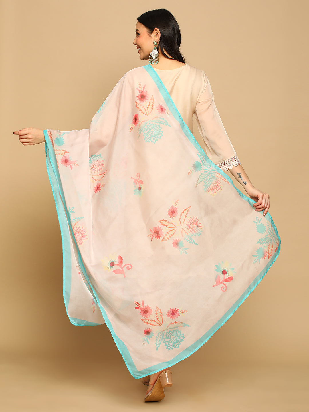 Beige Tissue Hand Work Kurta with Printed Dupatta