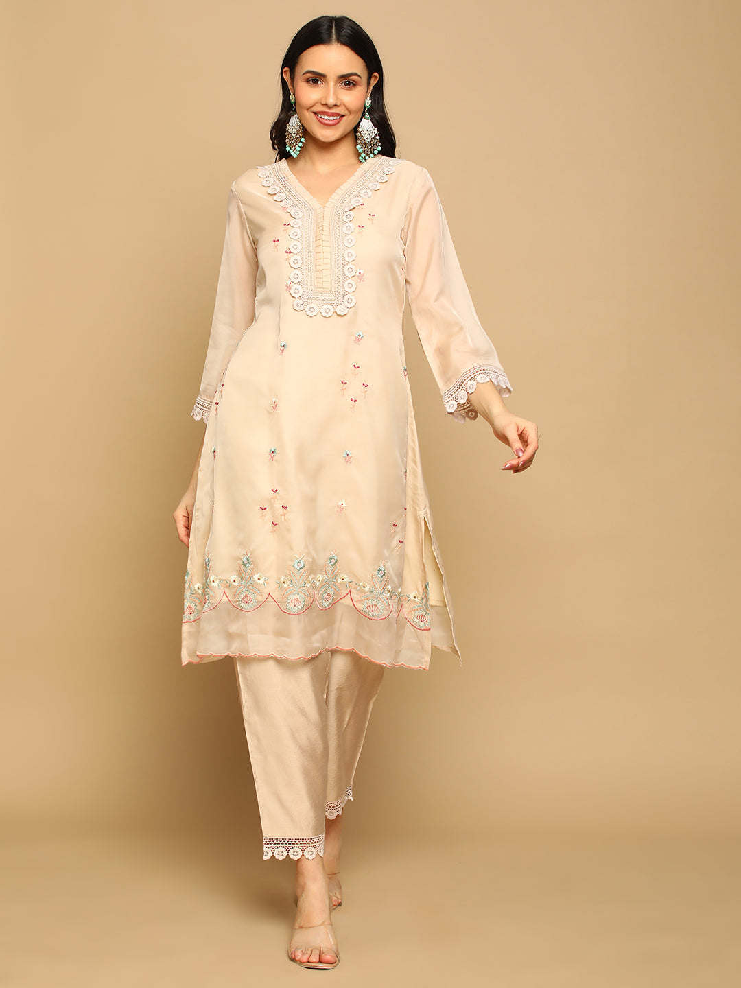 Beige Tissue Hand Work Kurta with Printed Dupatta