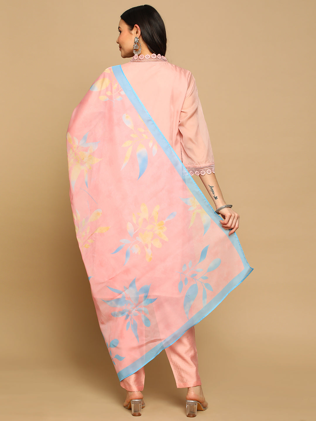 Pink Embroidered A-line Kurta Set with Printed Dupatta