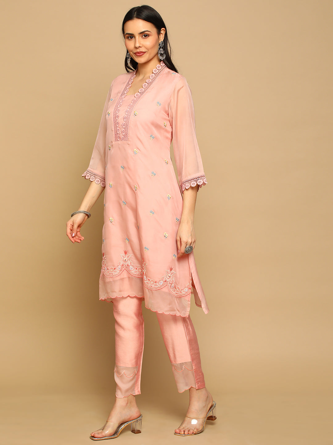 Pink Embroidered A-line Kurta Set with Printed Dupatta
