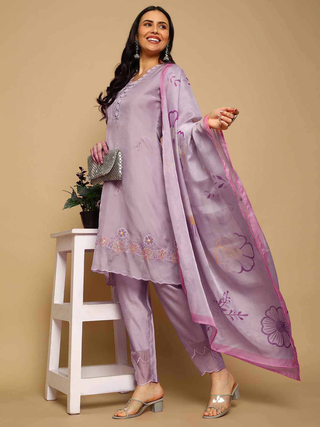 Lilac Embroidered A-line Kurta Set with Printed Dupatta