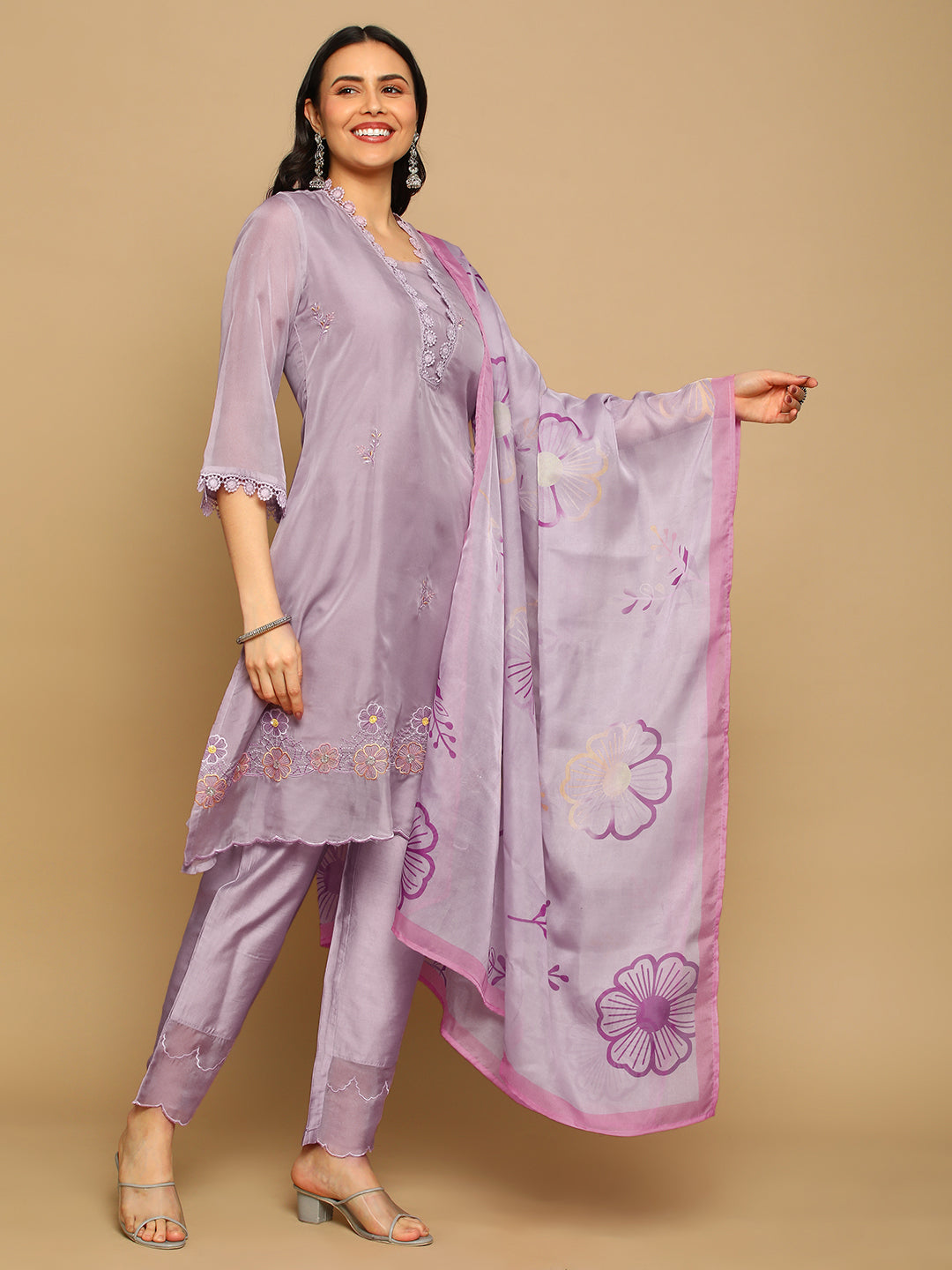 Lilac Embroidered A-line Kurta Set with Printed Dupatta