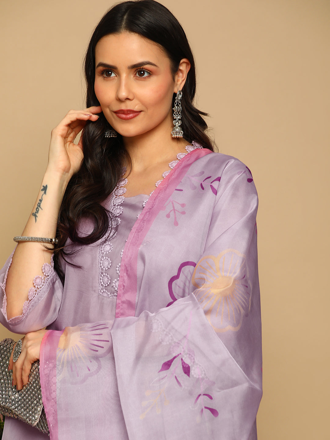 Lilac Embroidered A-line Kurta Set with Printed Dupatta