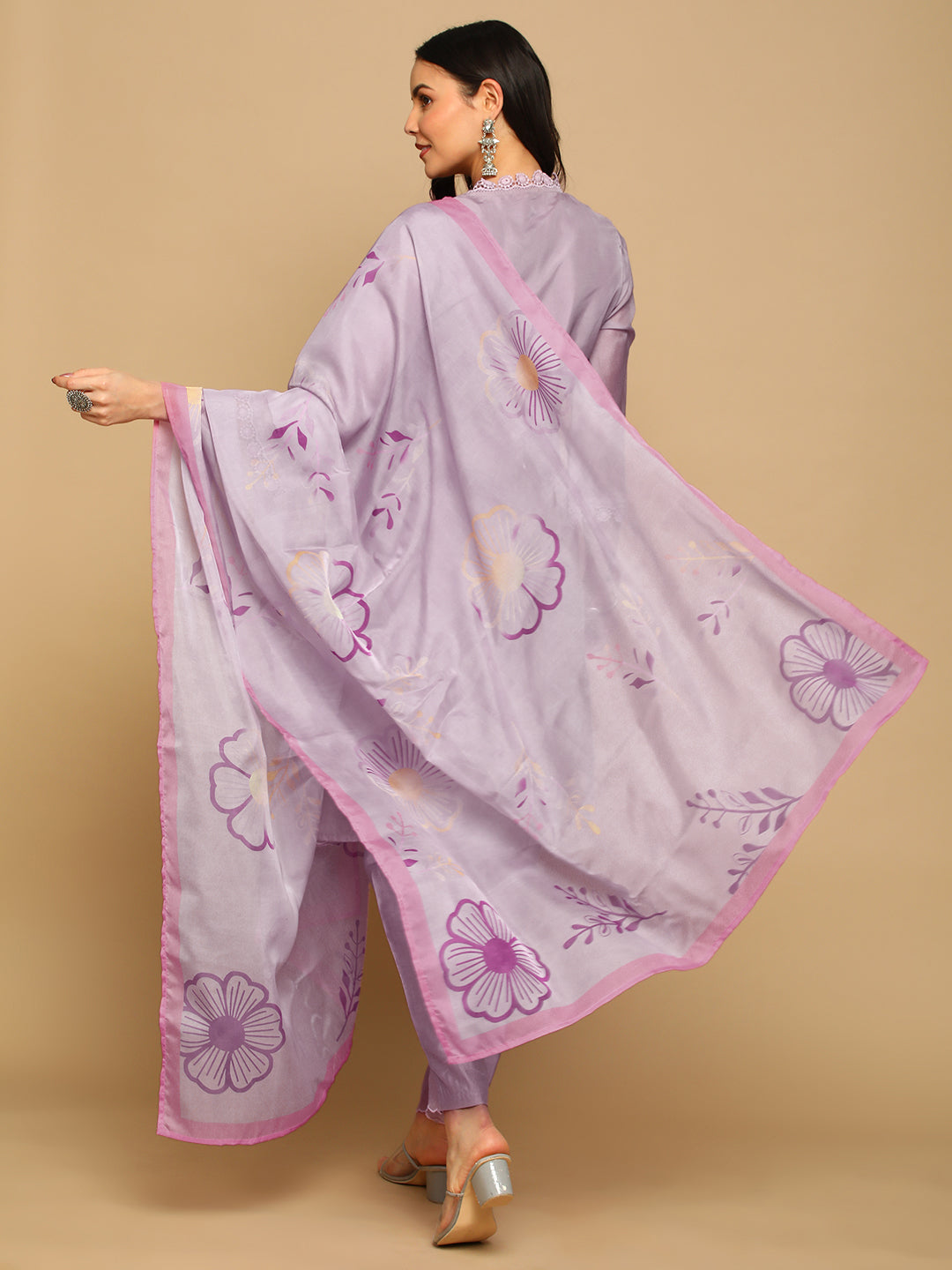 Lilac Embroidered A-line Kurta Set with Printed Dupatta