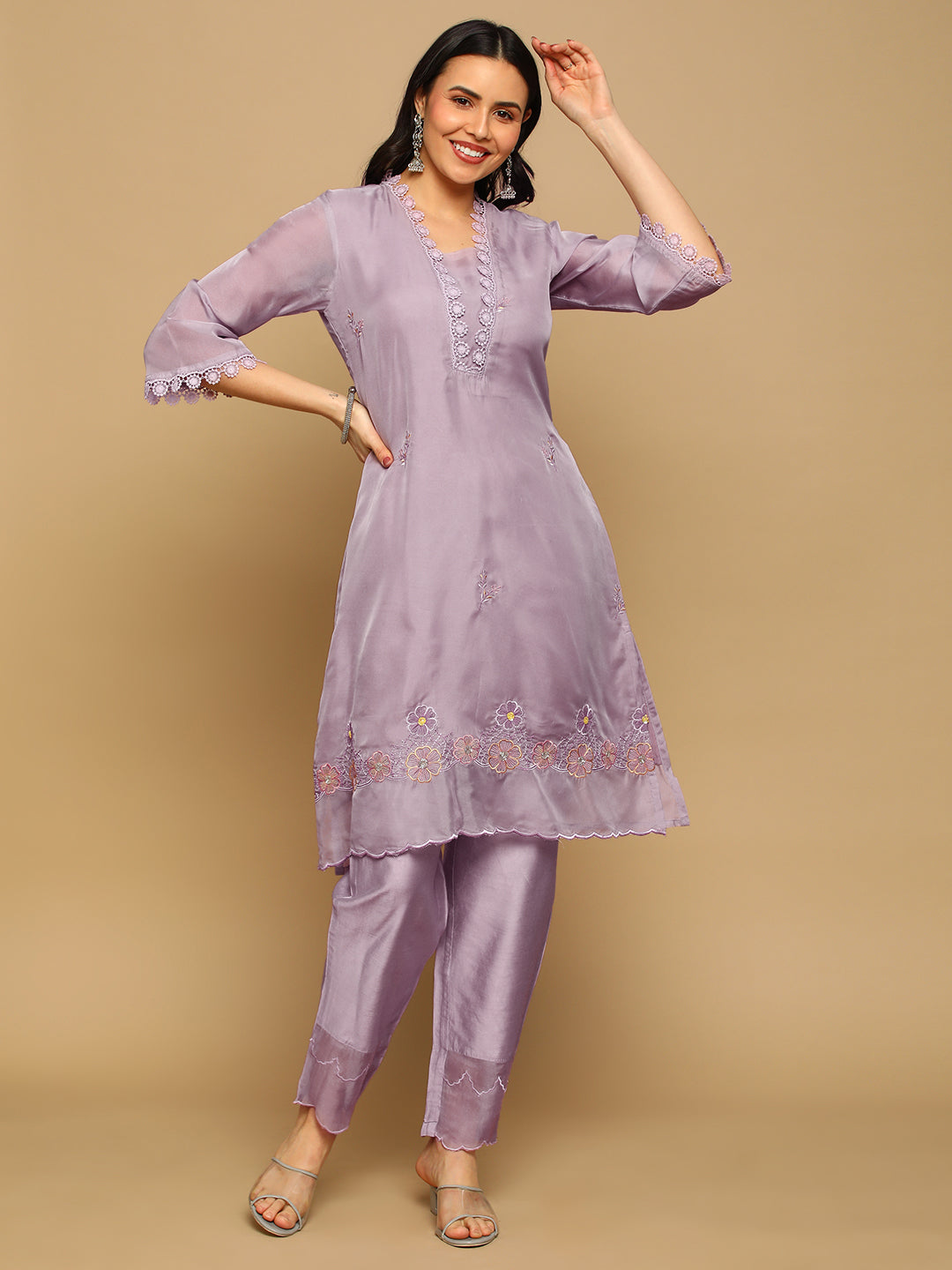 Lilac Embroidered A-line Kurta Set with Printed Dupatta