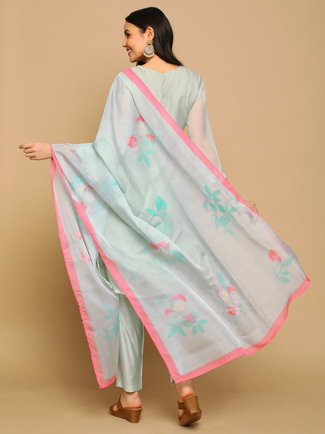 Pista Green Embroidered A-line Kurta Set with Printed Dupatta