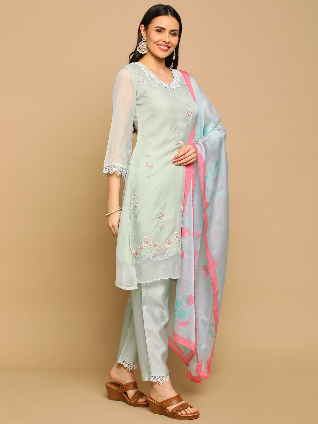 Pista Green Embroidered A-line Kurta Set with Printed Dupatta