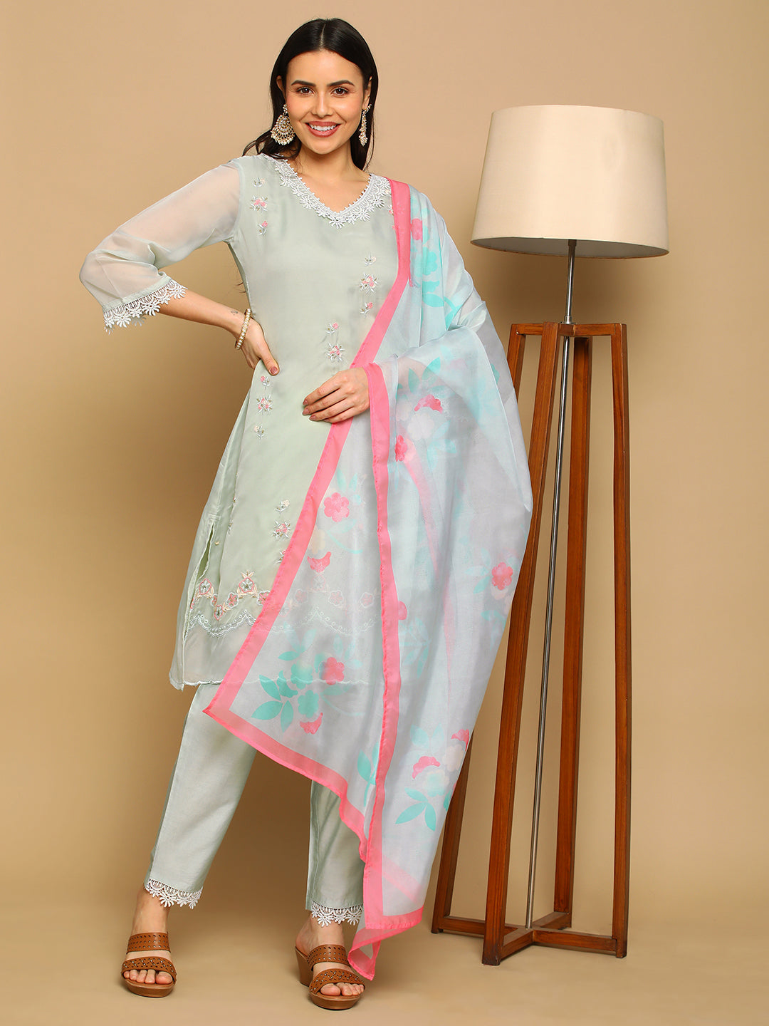Pista Green Embroidered A-line Kurta Set with Printed Dupatta