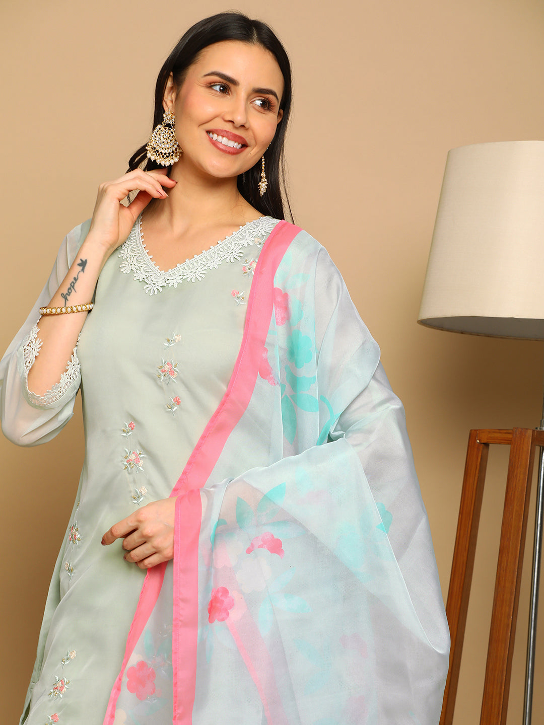 Pista Green Embroidered A-line Kurta Set with Printed Dupatta