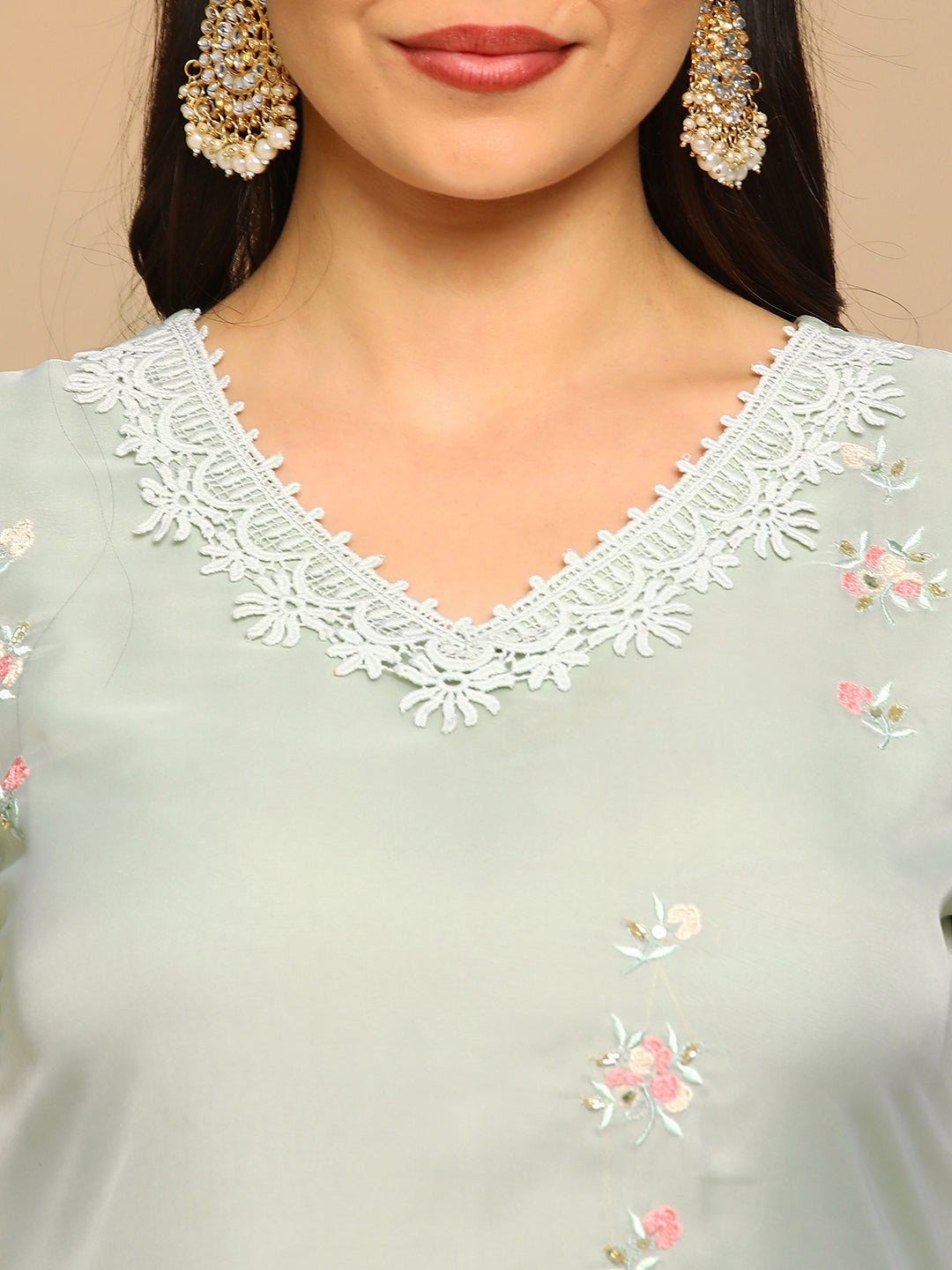 Pista Green Embroidered A-line Kurta Set with Printed Dupatta