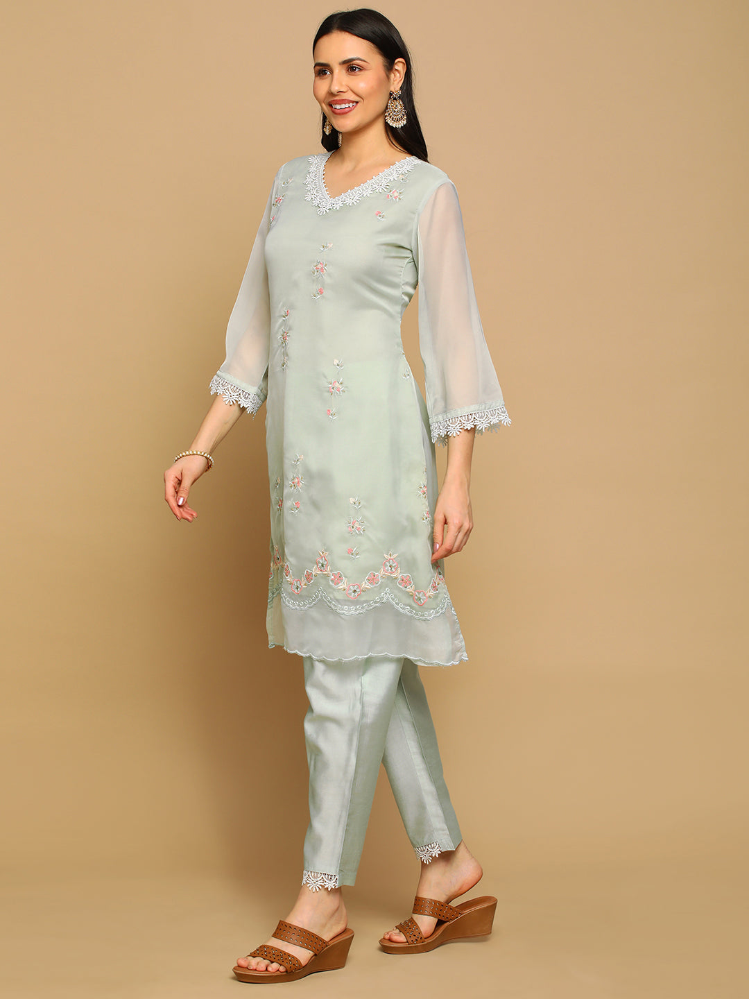 Pista Green Embroidered A-line Kurta Set with Printed Dupatta