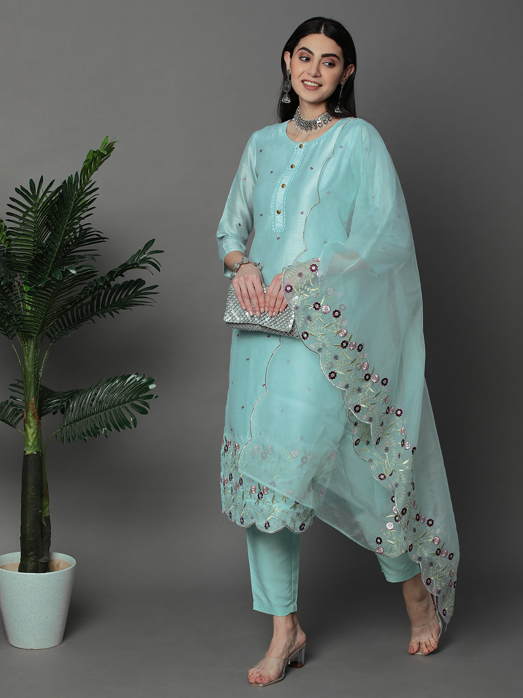 Sky Blue Floral Embroidered Chanderi Silk Kurta Set with Organza Dupatta