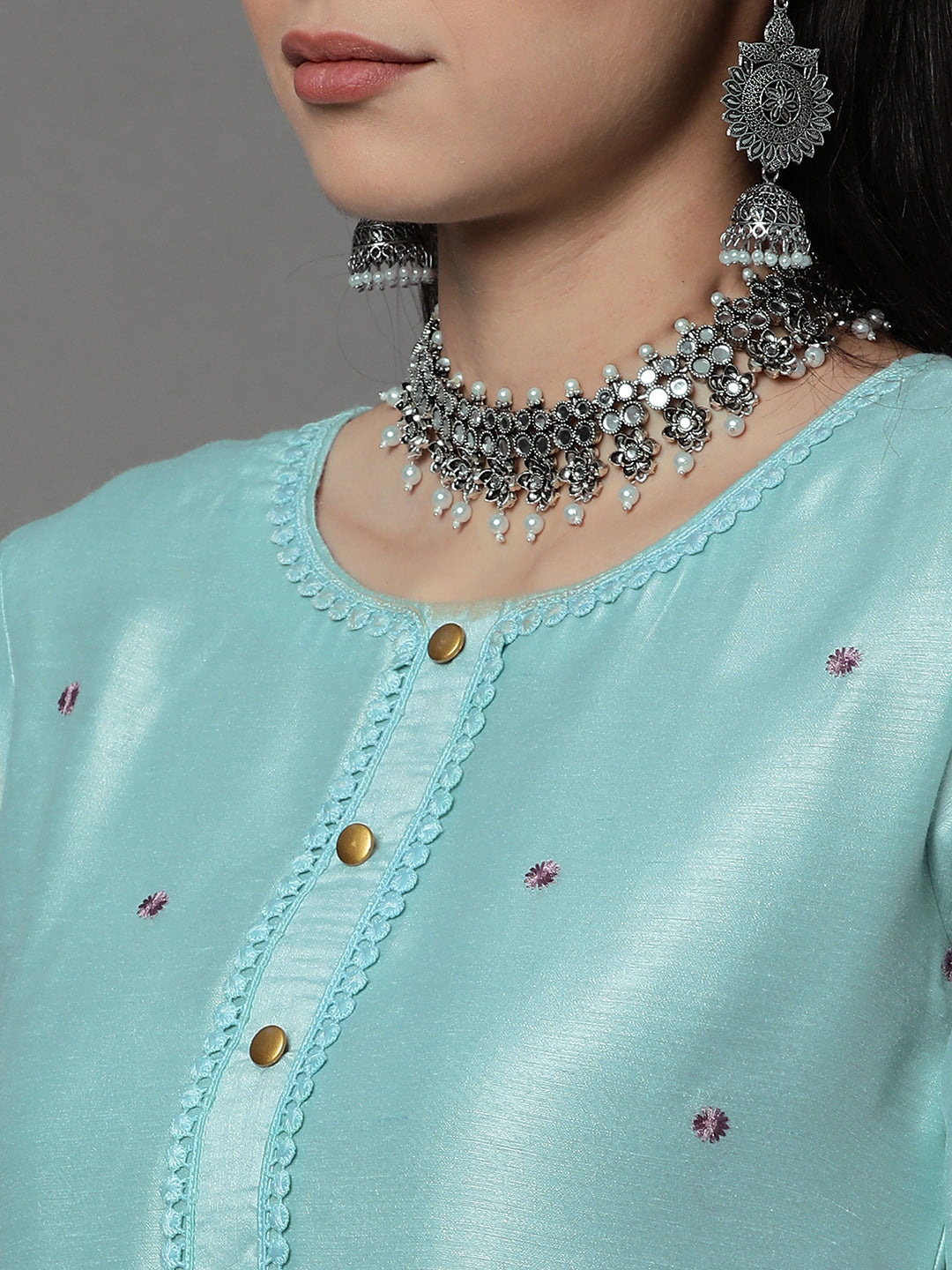 Sky Blue Floral Embroidered Chanderi Silk Kurta Set with Organza Dupatta