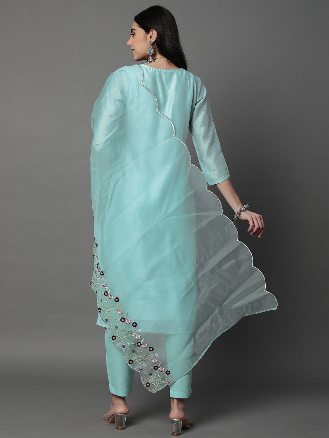 Sky Blue Floral Embroidered Chanderi Silk Kurta Set with Organza Dupatta