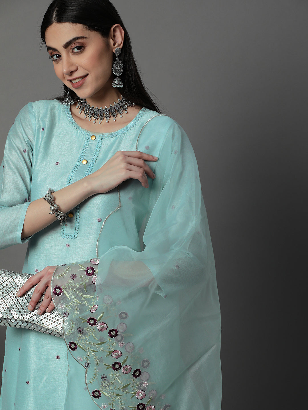 Sky Blue Floral Embroidered Chanderi Silk Kurta Set with Organza Dupatta