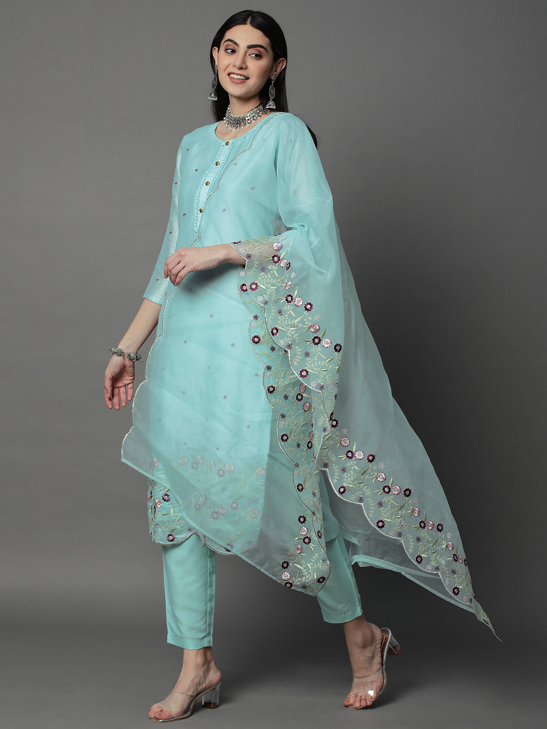 Sky Blue Floral Embroidered Chanderi Silk Kurta Set with Organza Dupatta