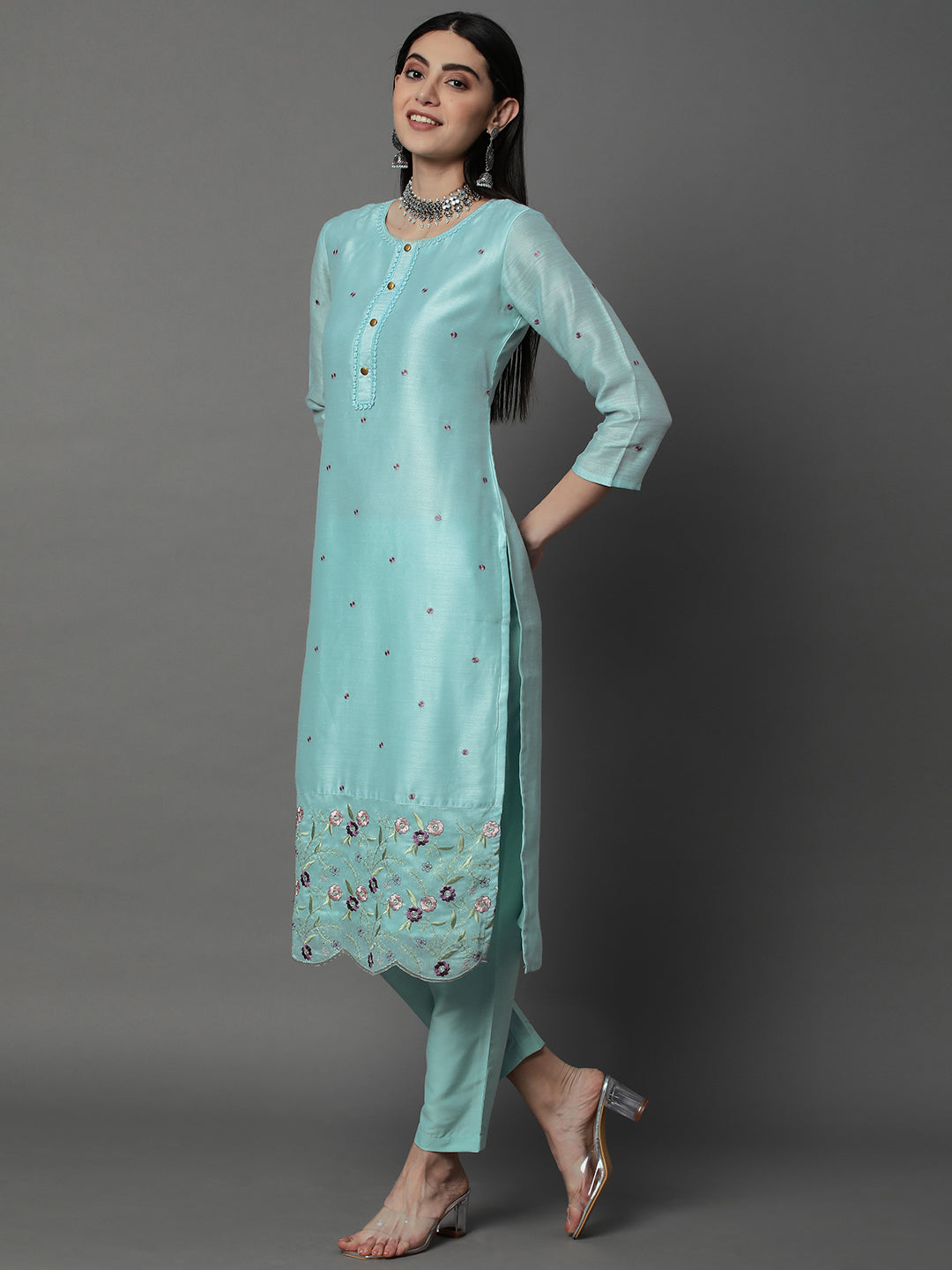 Sky Blue Floral Embroidered Chanderi Silk Kurta Set with Organza Dupatta