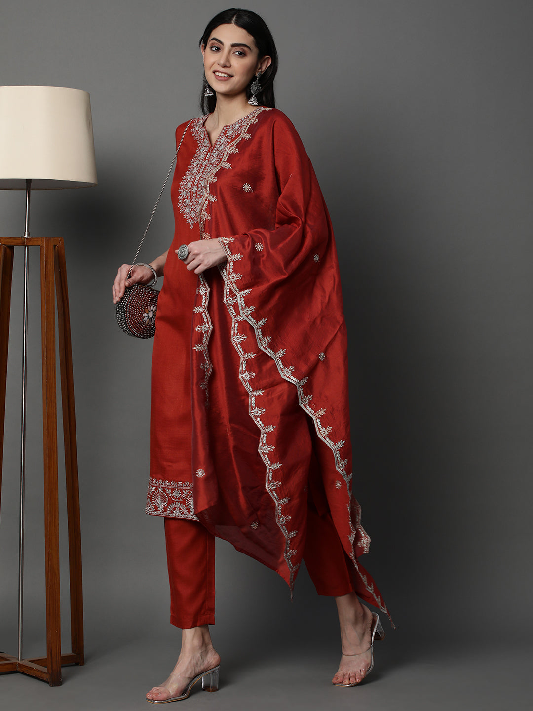 Brick Red Embroidered Chanderi Silk Kurta Set with Embroidered Dupatta