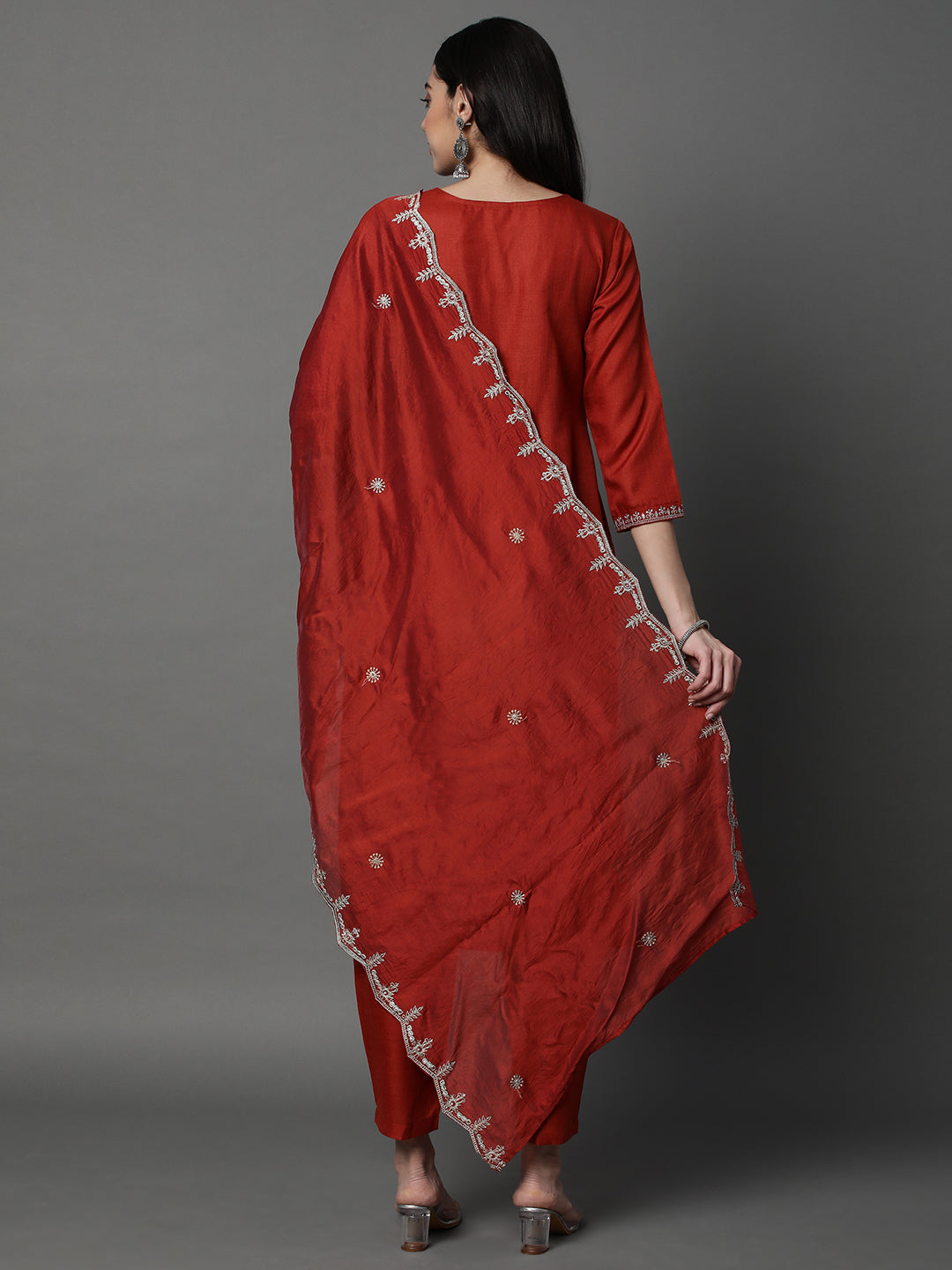 Brick Red Embroidered Chanderi Silk Kurta Set with Embroidered Dupatta