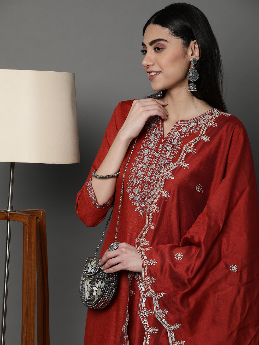 Brick Red Embroidered Chanderi Silk Kurta Set with Embroidered Dupatta