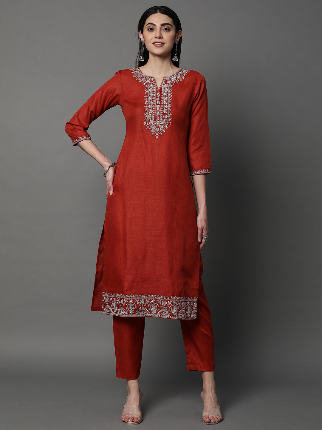Brick Red Embroidered Chanderi Silk Kurta Set with Embroidered Dupatta