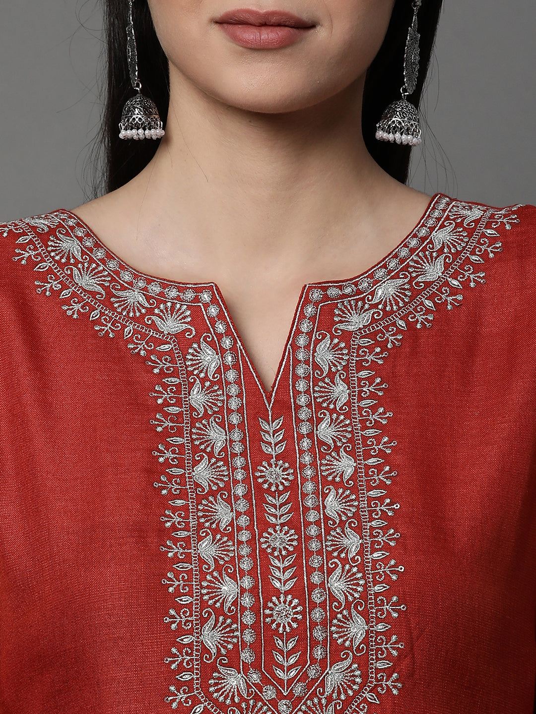 Brick Red Embroidered Chanderi Silk Kurta Set with Embroidered Dupatta