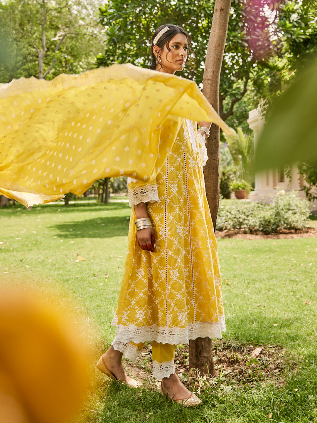 Yellow Schiffli Anarkali Kurta Set with Dupatta