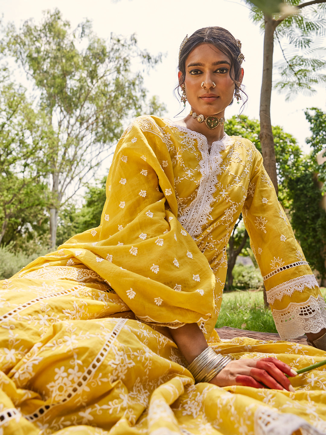 Yellow Schiffli Anarkali Kurta Set with Dupatta