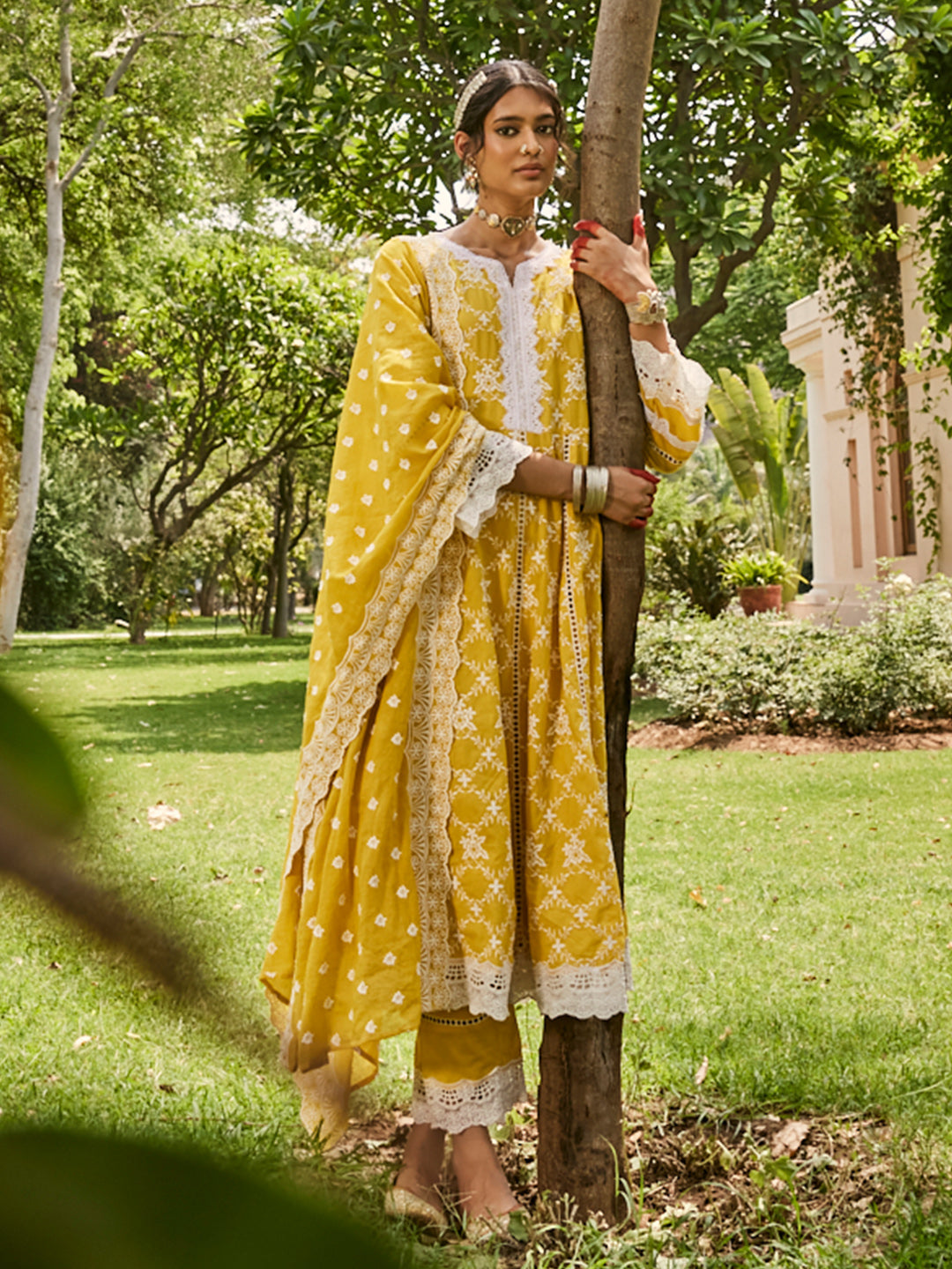 Yellow Schiffli Anarkali Kurta Set with Dupatta