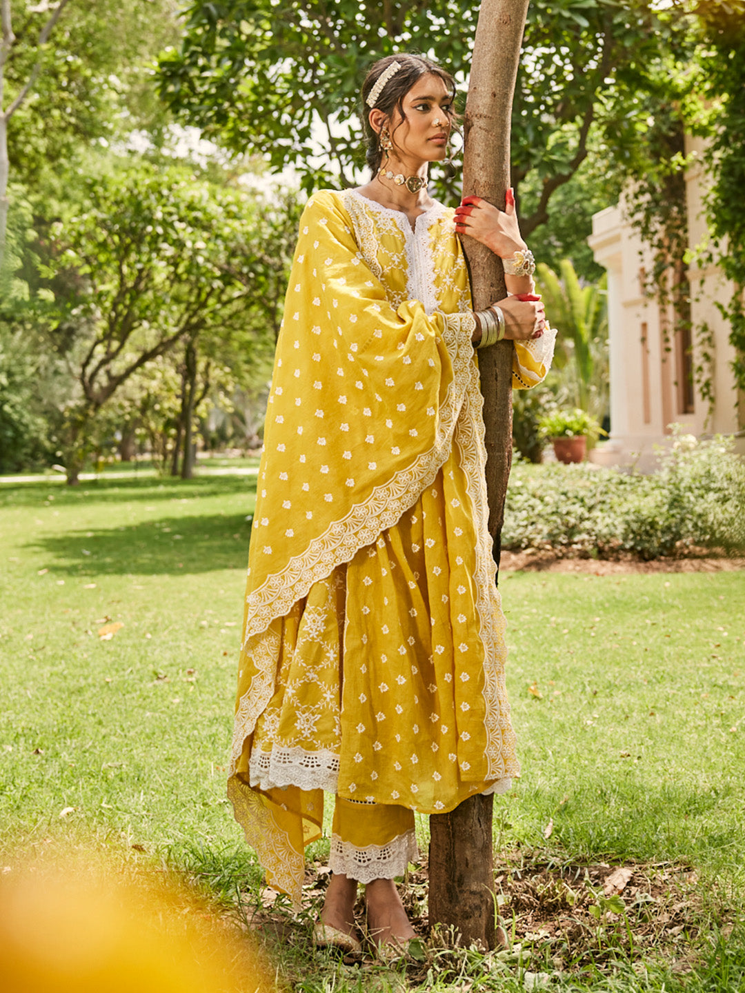 Yellow Schiffli Anarkali Kurta Set with Dupatta