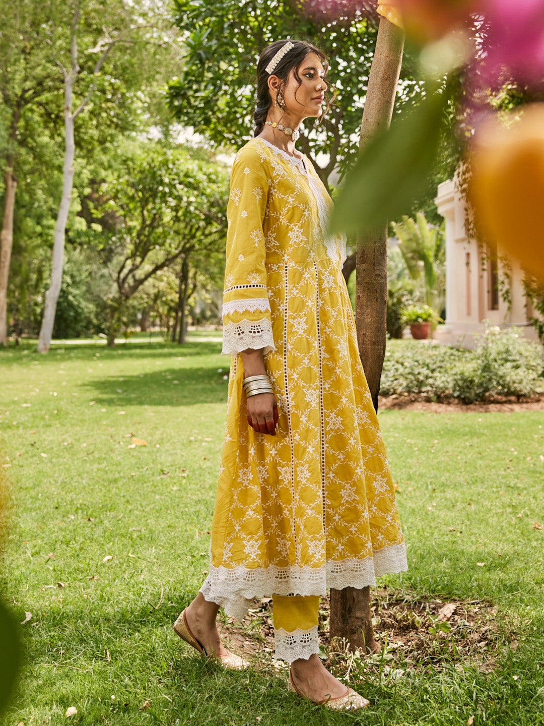Yellow Schiffli Anarkali Kurta Set with Dupatta