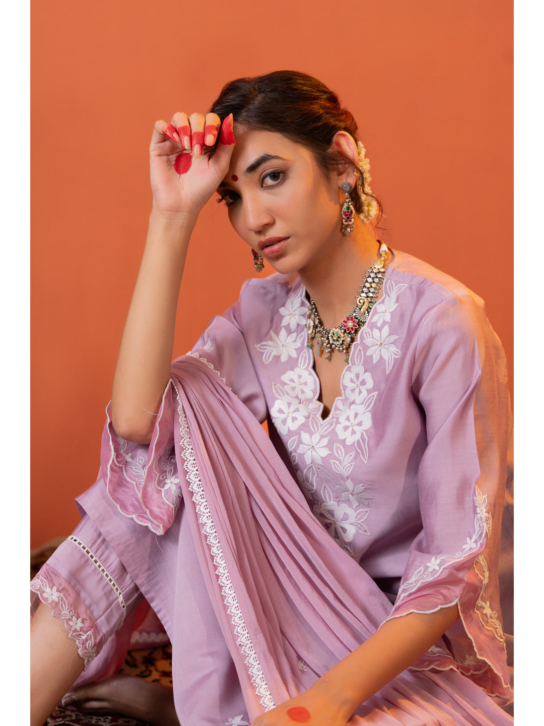 Lilac Embroidered Kurta Set with Dupatta