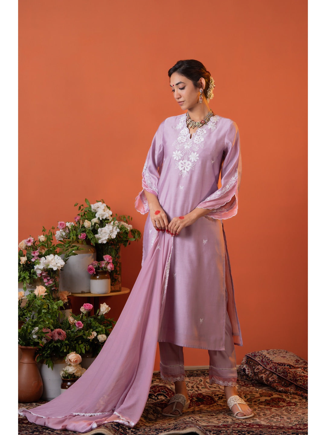 Lilac Embroidered Kurta Set with Dupatta