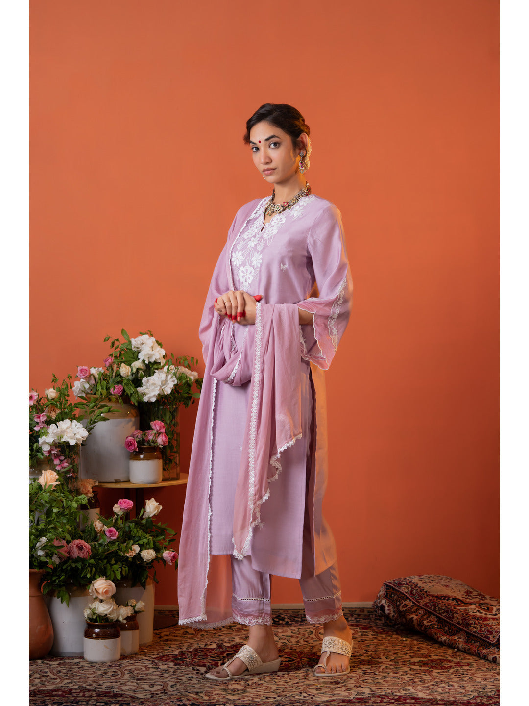 Lilac Embroidered Kurta Set with Dupatta