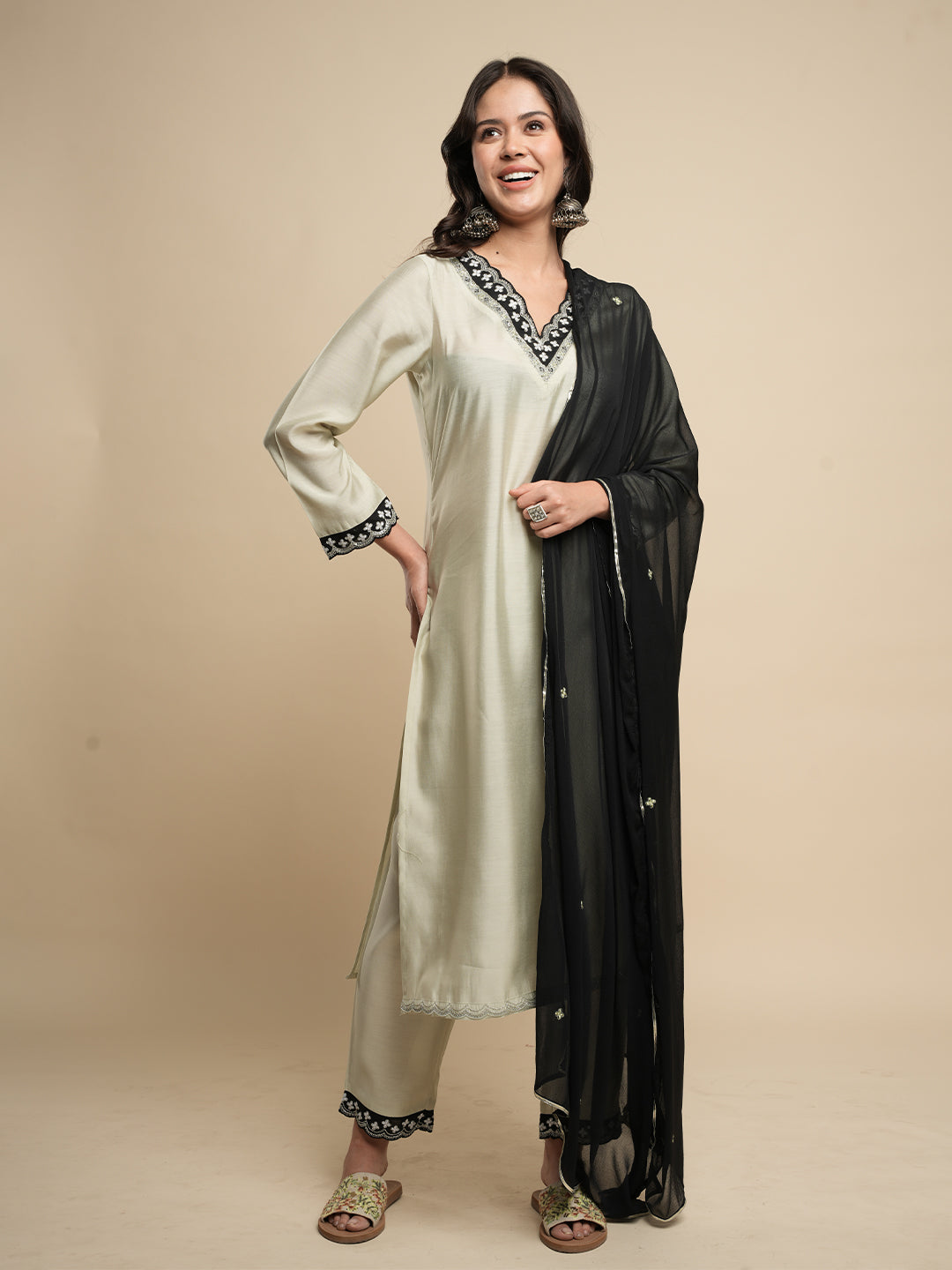 Beige Embroidered Kurta Set with Dupatta
