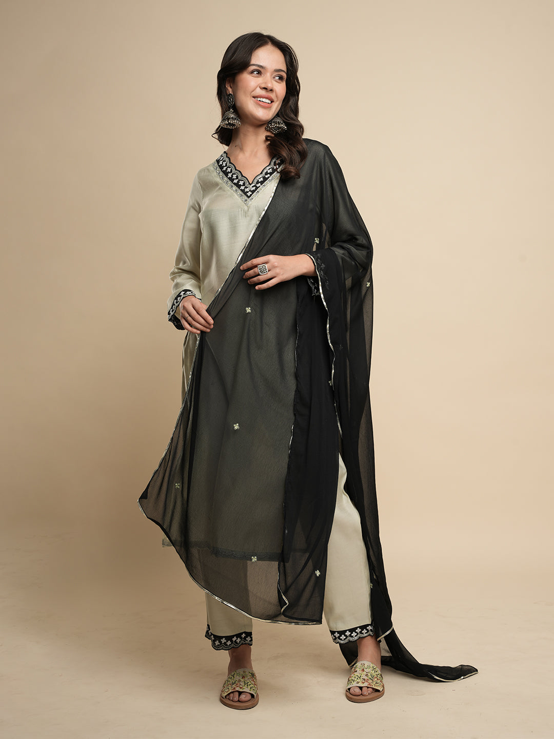 Beige Embroidered Kurta Set with Dupatta
