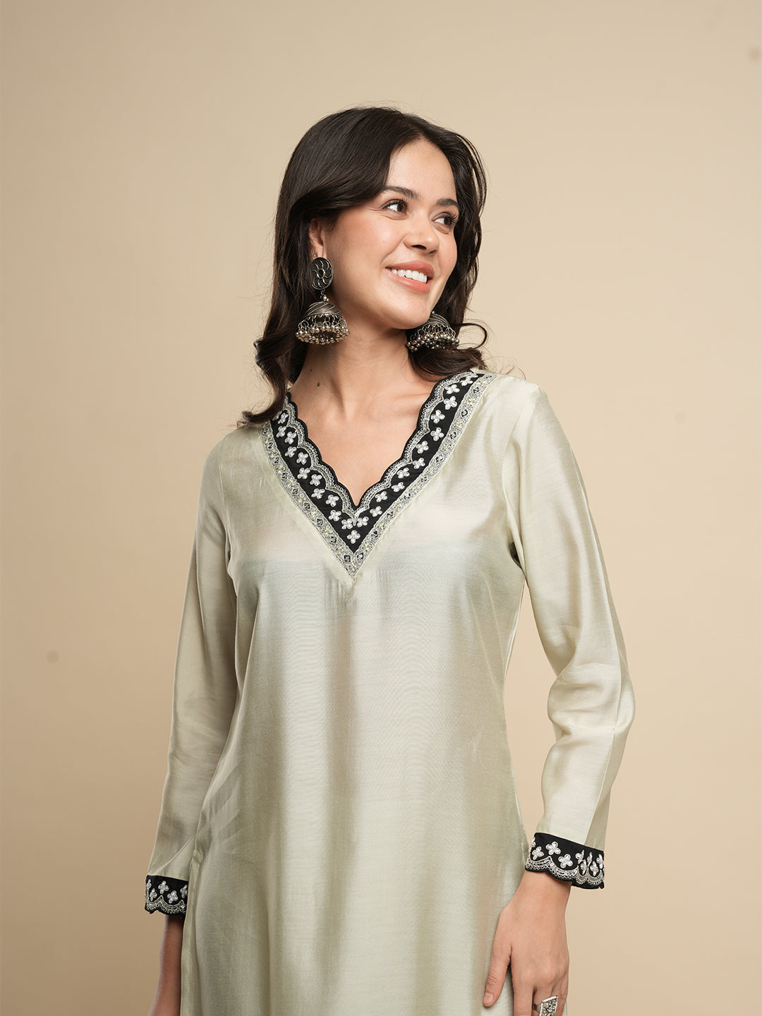 Beige Embroidered Kurta Set with Dupatta
