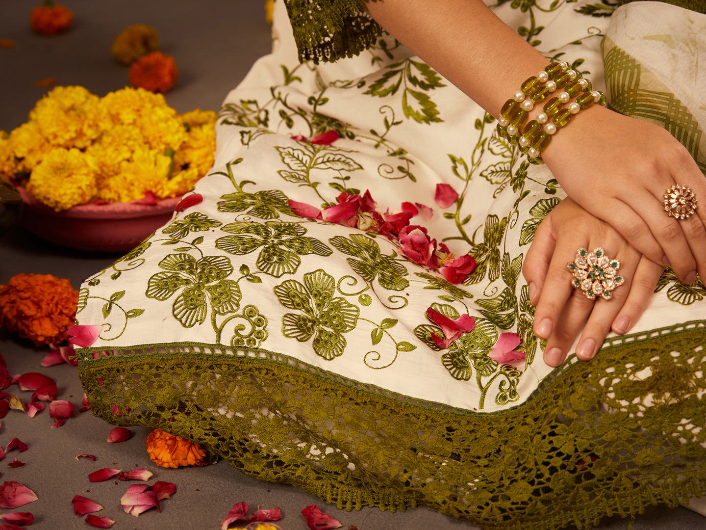 Green Multi Floral Embroidered Kurta Set with Organza Dupatta