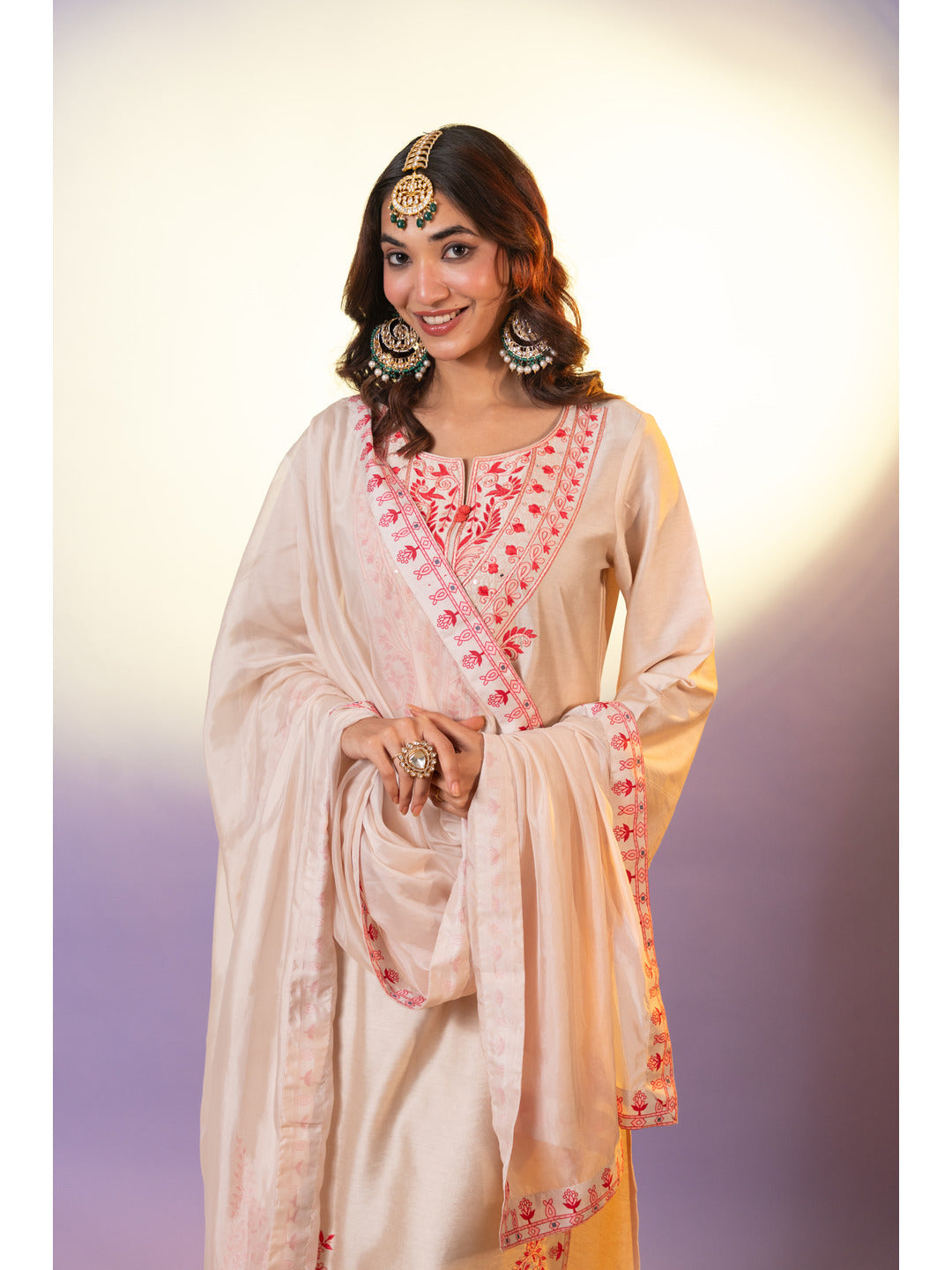 Beige Floral Embroidered Neck Kurta with Trouser & Dupatta
