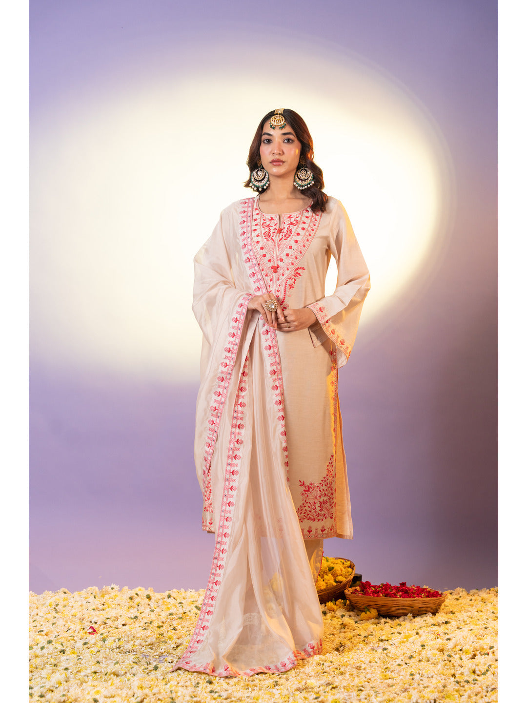 Beige Floral Embroidered Neck Kurta with Trouser & Dupatta