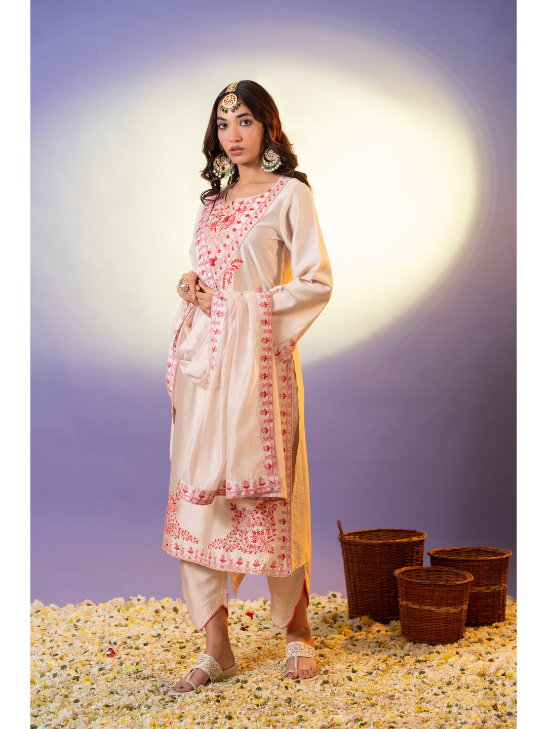 Beige Floral Embroidered Neck Kurta with Trouser & Dupatta