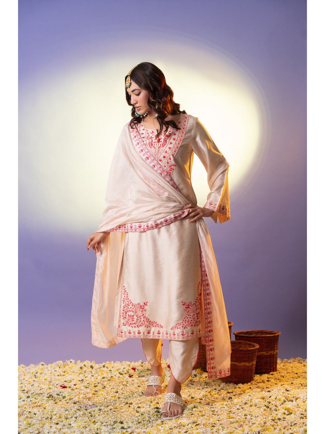 Beige Floral Embroidered Neck Kurta with Trouser & Dupatta